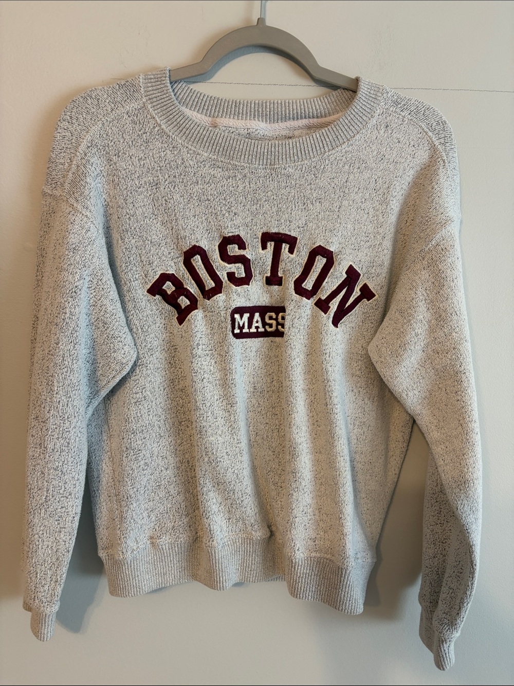 Bay State Gear Knit Crewneck Sweater in Light Gray with Maroon Lettering. Small.